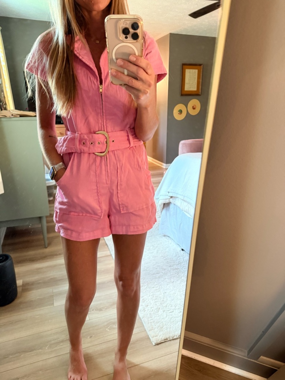 Show Me Your MuMu Pink Short Sleeve Belted Romper